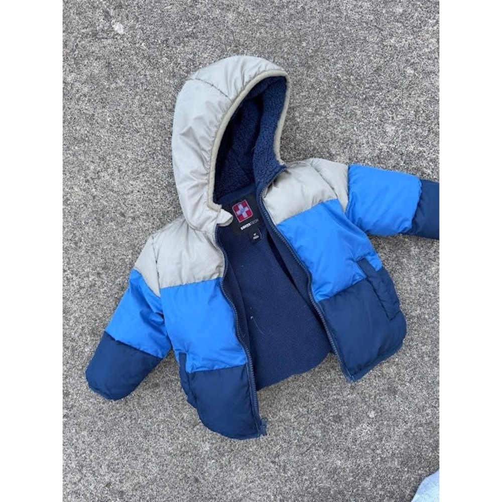 Swiss Tech Toddler Boys Blue Grey Colorblock Sherpa Lined Hooded Puff Jacket 2T